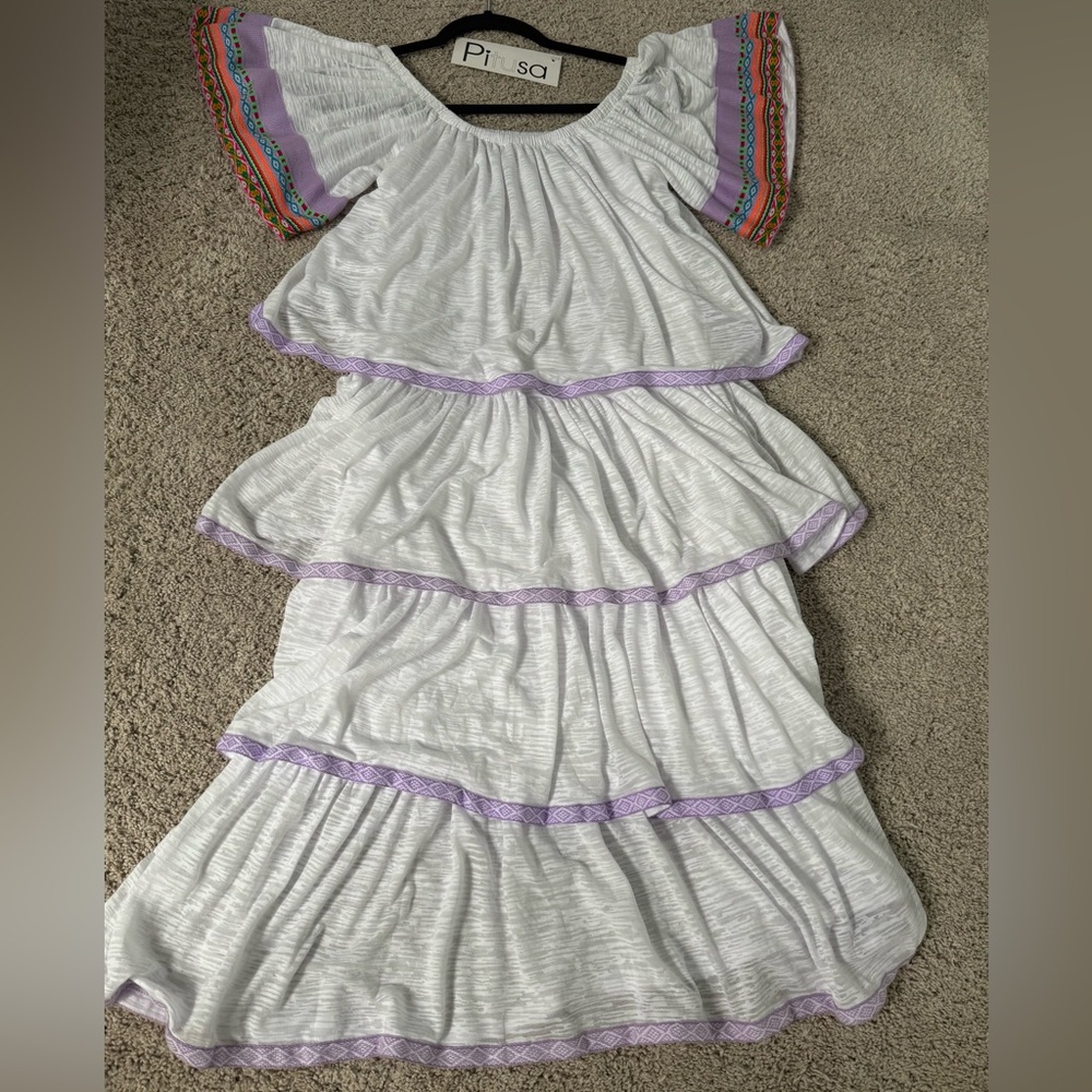 Pitusa NWT White Tiered Dress with Purple and Multicolor Boho Accents NWT